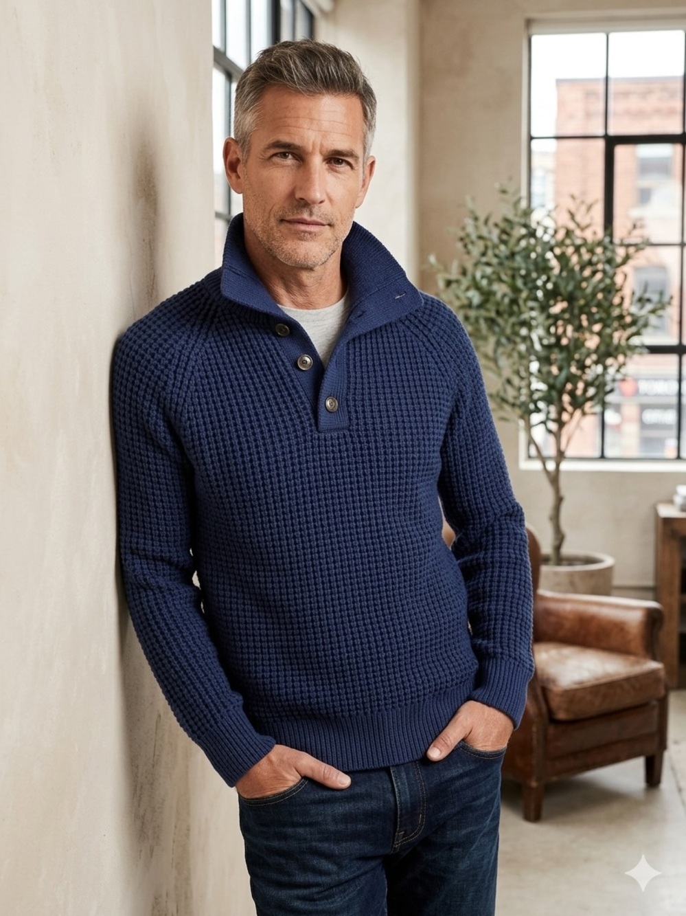 Banana Republic Men's Navy Waffle-Knit Zip-Style Sweater